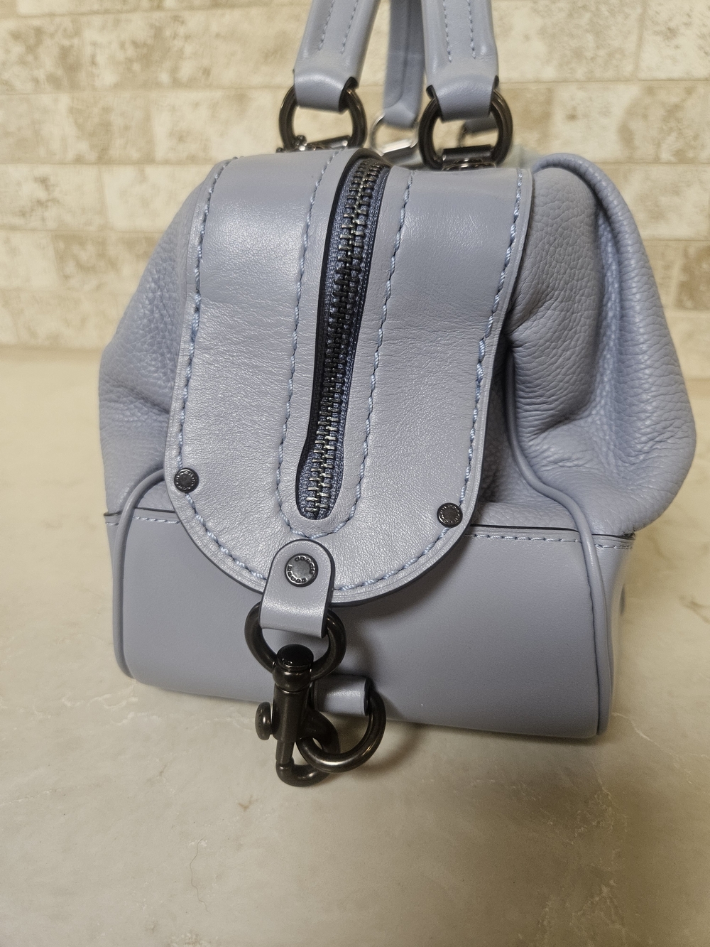 COACH Pebble Leather Lane Satchel Crossbody Shoulder Bag in Mist Blue - Picture 4 of 8